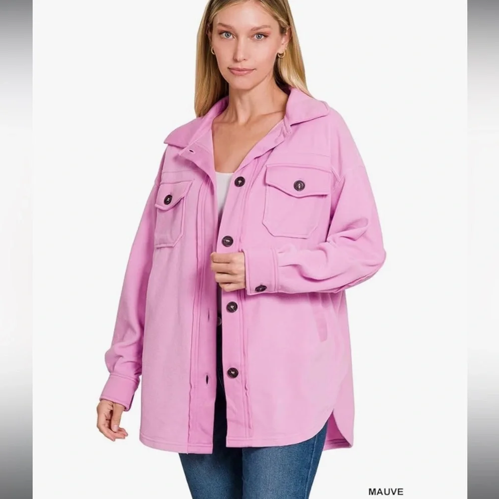 Zenana All About the Fleece Lightweight Button-Down Shacket in mauve small - Picture 3 of 5